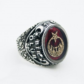 Vatan Ay Yıldız Model Bir Ölür Bin Diriliriz Yazılı Gümüş Erkek Yüzük